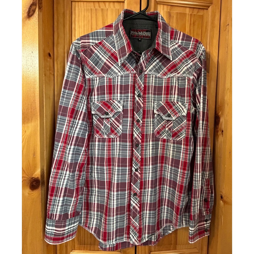 Rock & Roll Cowboy Men's Western Shirt Red Plaid Pearl Snap‎ Rodeo Long Sleeve M
